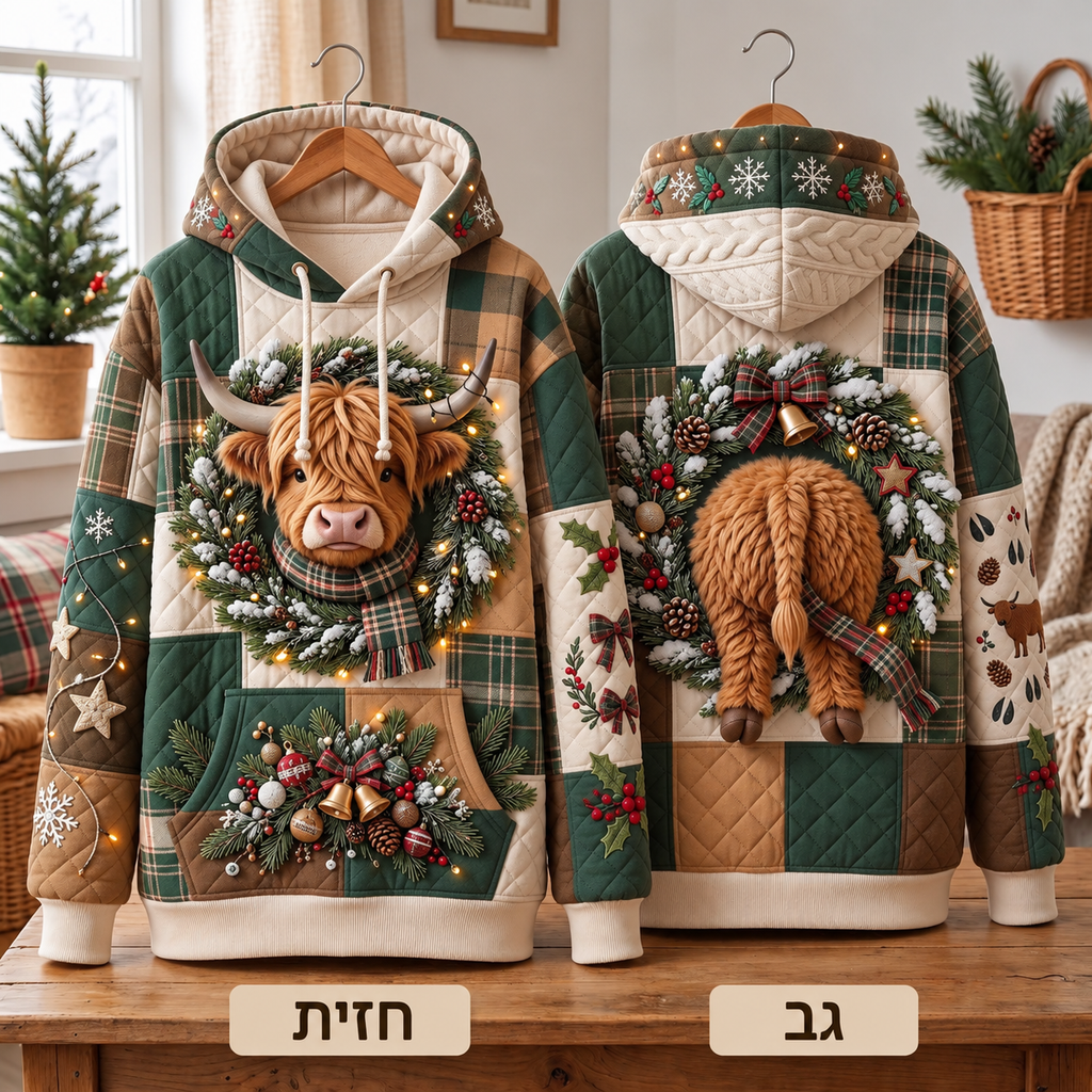 סווטשירט קפוצ׳ון לחג המולד עם פרה סקוטית