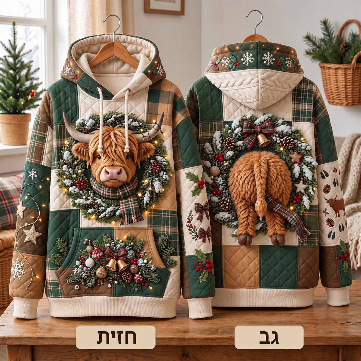 סווטשירט קפוצ׳ון לחג המולד עם פרה סקוטית