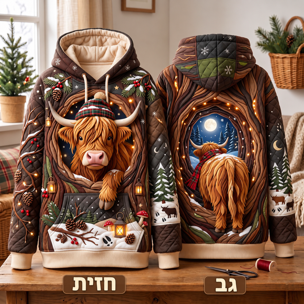 סווטשירט קפוצ׳ון לאור ירח עם פרה סקוטית