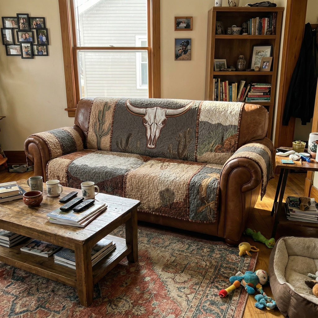 כיסוי ספה מרופד בדוגמת שור ארוך קרניים במדבר